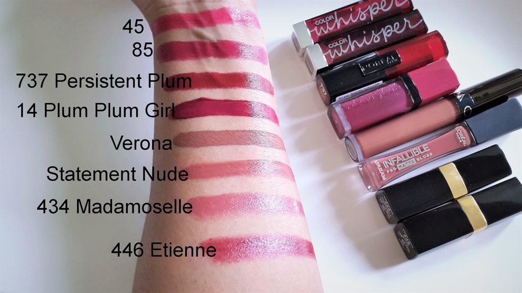 Beauty Favorites for September 2018 - Swatches of my favorite lipsticks 