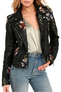 Glamaker Women's Faux Leather Floral embroidered jacket