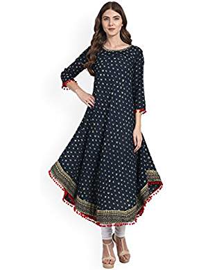 Women's high low anarkali style kurti in dark blue. 