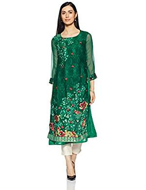 Green colored straight kurta with red and green embroidery. 