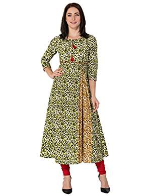 A beautiful cotton A-line Anarkali Kurti in pretty shades of green, yellow and red. The kathawork brings the Jaipur tradition alive in this beautiful kurti. 