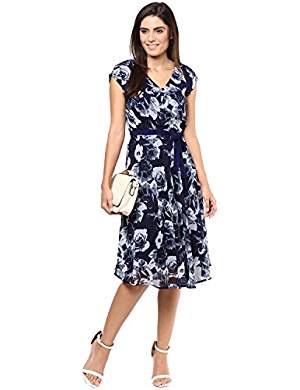 A pretty floral and girly dress. It is a light weight dress for all occasions. The navy blue and white floral pattern is beautiful.