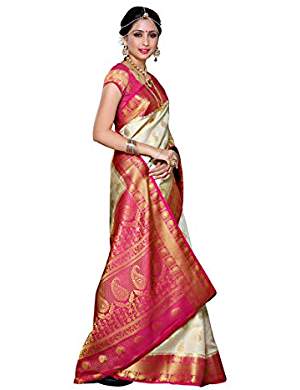 Beautiful traditional silk saree in off white with bright pink border and pallu. 
