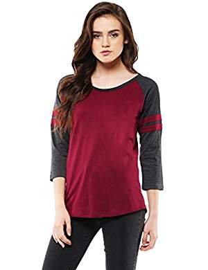 A maroon and dark grey three quarter sleeve regular T-shirt for women. 