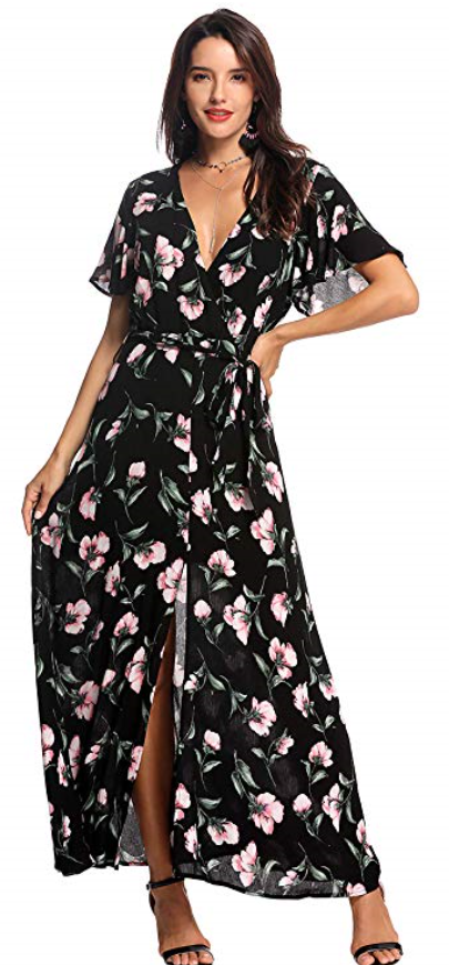 This is such a pretty multi colored floral dress and flatters all body type. Beautiful, lightweight and very affordable on amazon. 