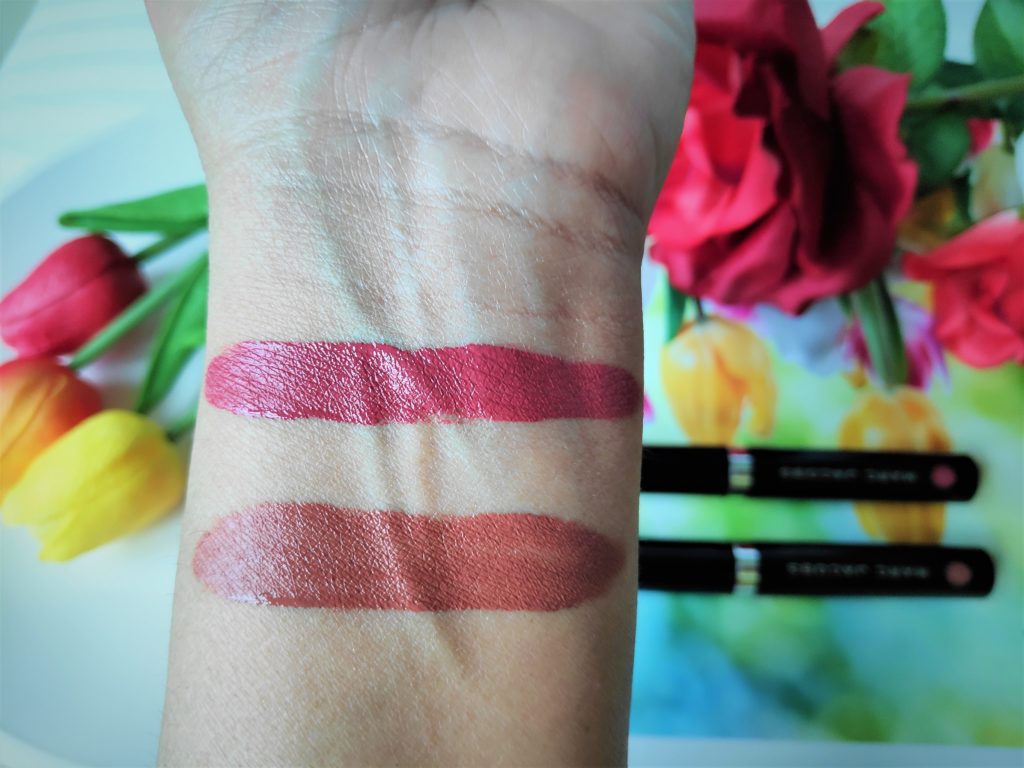Swatches of Marc Jacobs Le Marc Liquid Lip Creme in Shush Blush and Hot Cocoa.