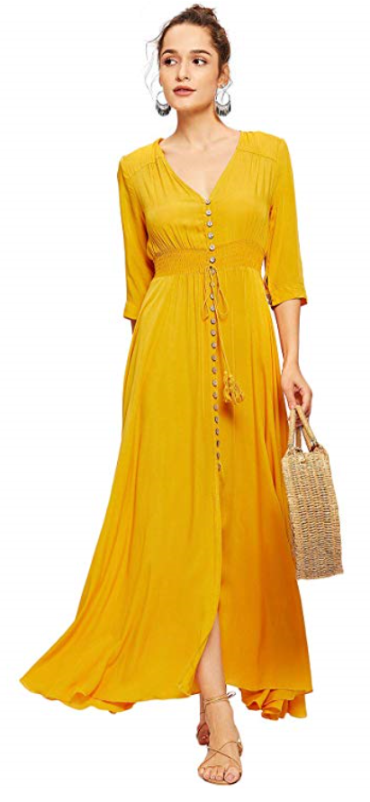 This is such a pretty multi colored floral dress and flatters all body type. Beautiful, lightweight and very affordable on amazon. The color of the season is yellow and follow the trend without breaking the bank. 