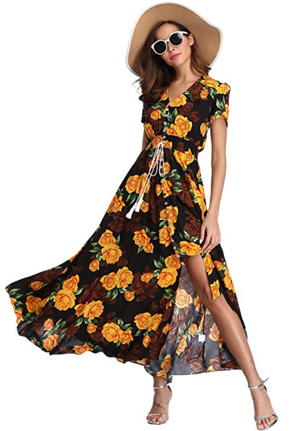 Floral summer dress with yellow flowers popping