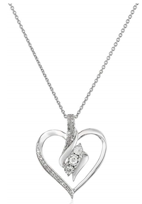 Sterling Silver Diamond 3 Stone Heart Pendant Necklace