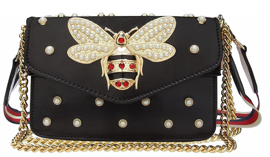 Womens Fashion Vegan Leather Stripe Bee Accent Black Satchel W/ Matching Wallet
