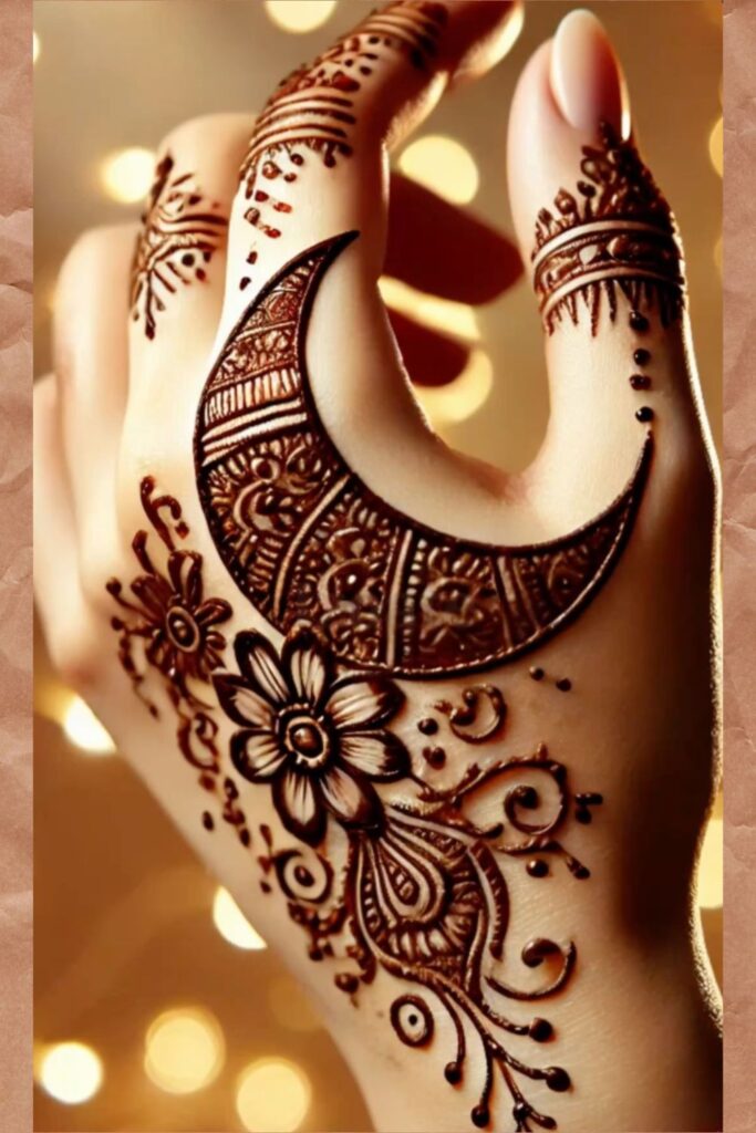 Arabic mehndi design 2025 for back hand with moon and floral patterns for Eid