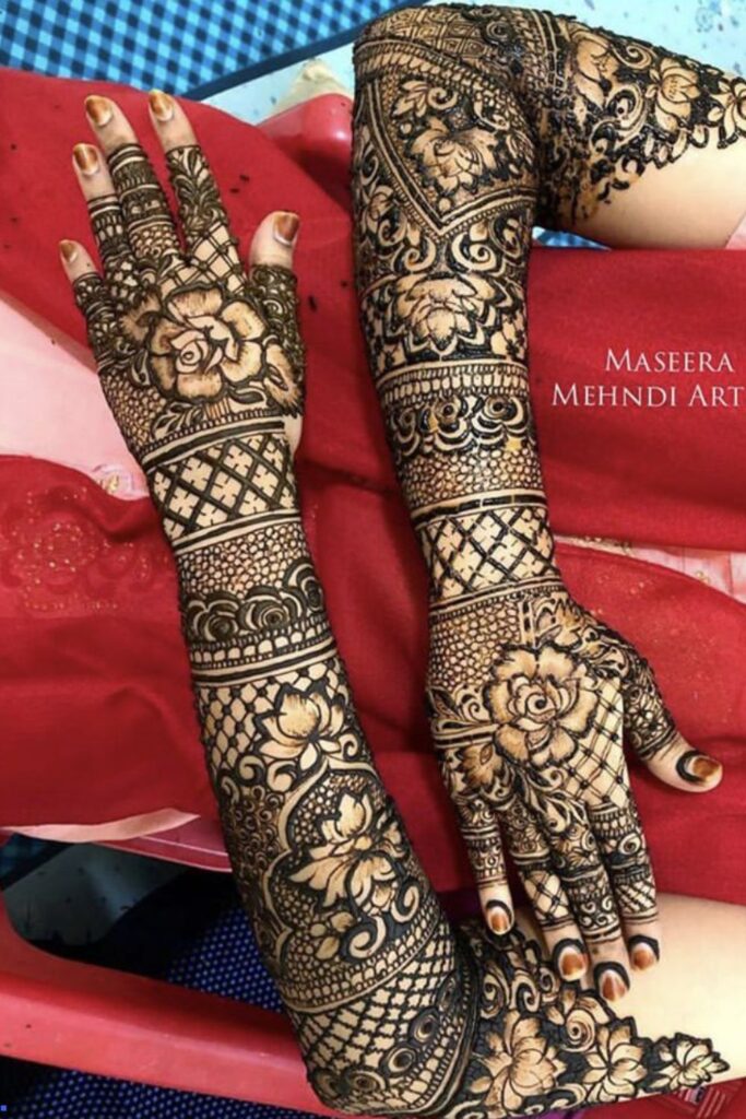 Full arm bridal mehndi design is a fusion of Rajasthani mehndi design with floral mehndi design. The latest trend