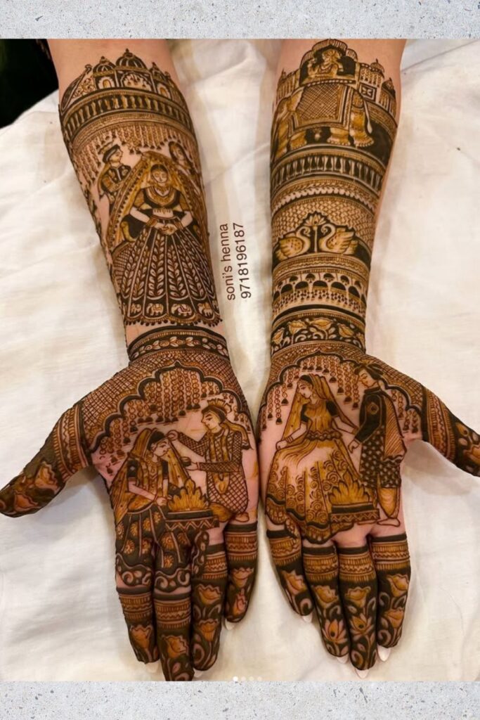 Barat mehndi design 2025 showing groom and bride in wedding ritual 