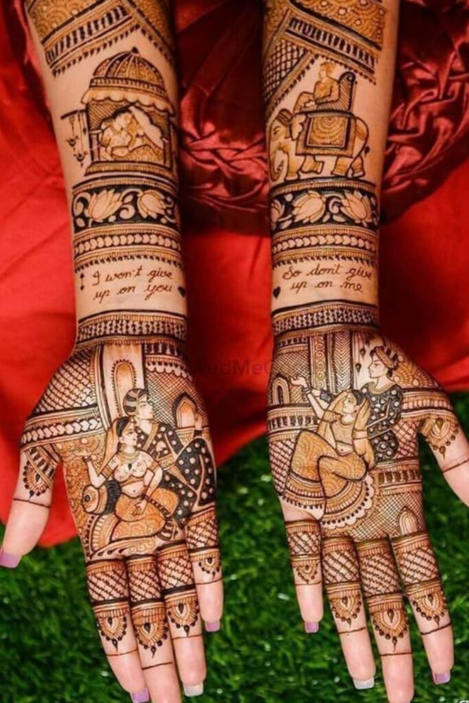 Bridal mehndi design 2025 for back hand with dulha dulhan patterns for wedding