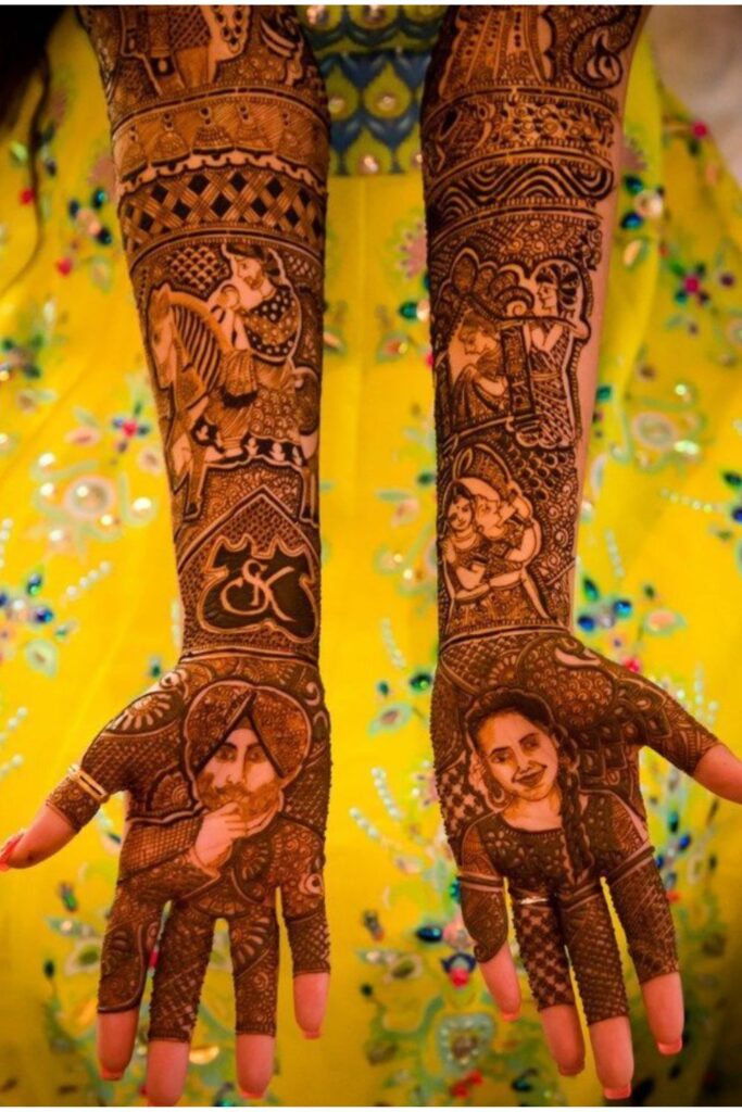 Barat mehndi design 2025 showing groom on horse and bride in palanquin