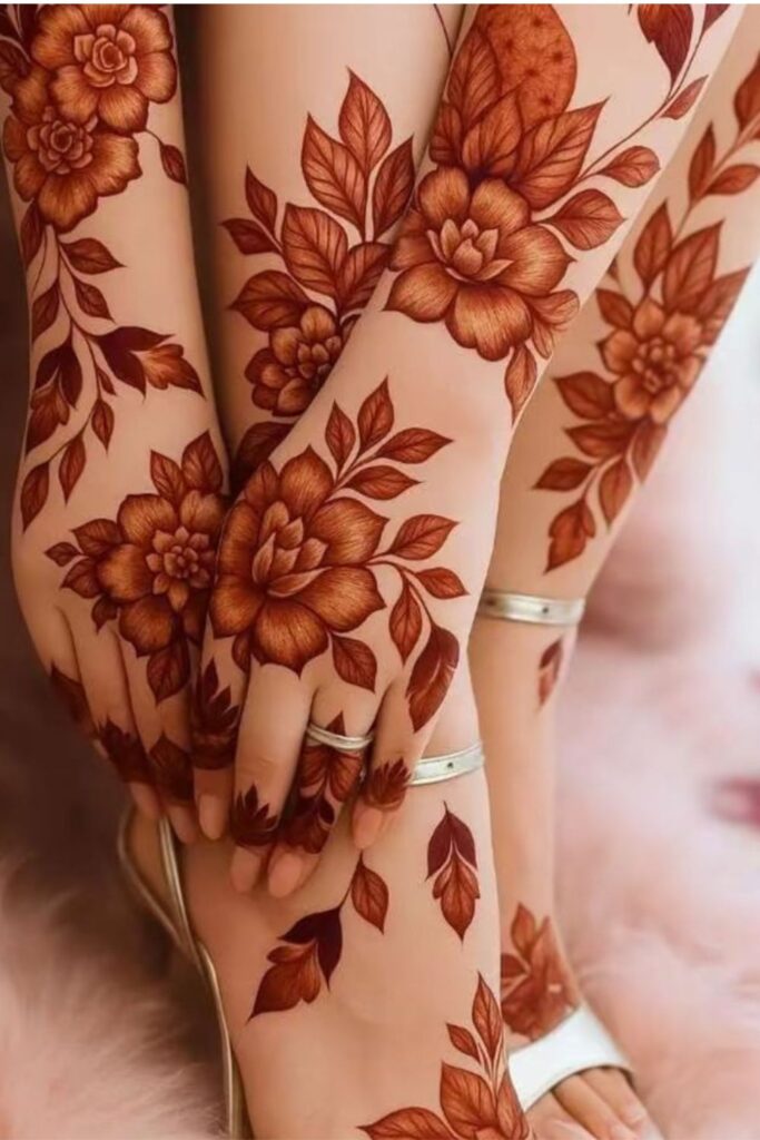 Heavy bridal mehndi design full hand Floral mehndi design with roses and vines for wedding