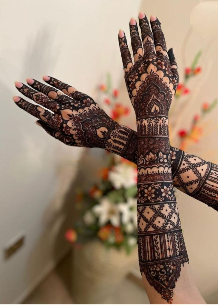 Elbow length intricate and fine traditional henna design 2025