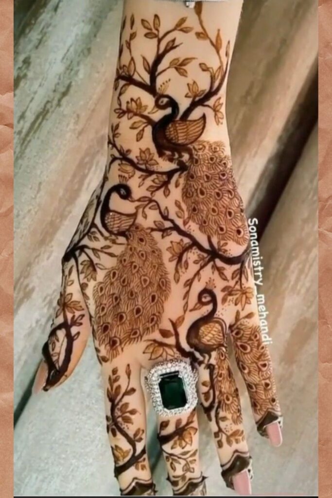 Mehndi design 2025 for back hand with peacock patterns