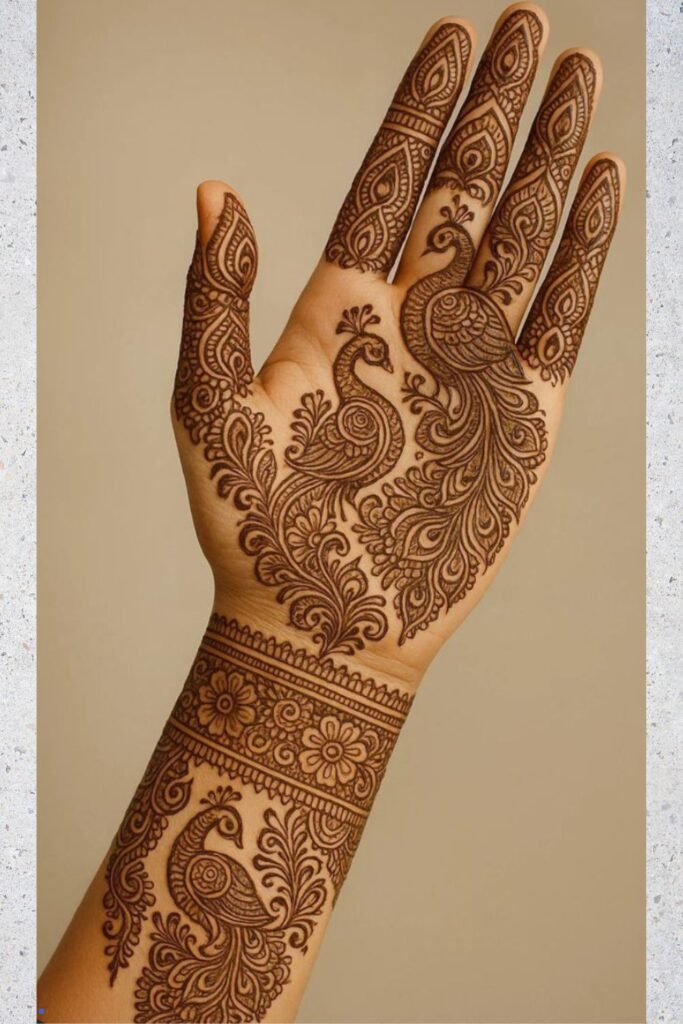 Mehndi design 2025 for back hand with peacock patterns