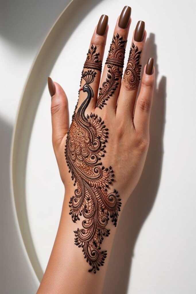 Arabic mehndi design 2025 for back hand with peacock patterns