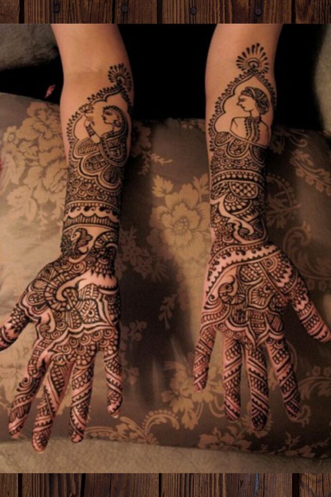 Traditional Rajasthani mehndi with bride and groom motifs