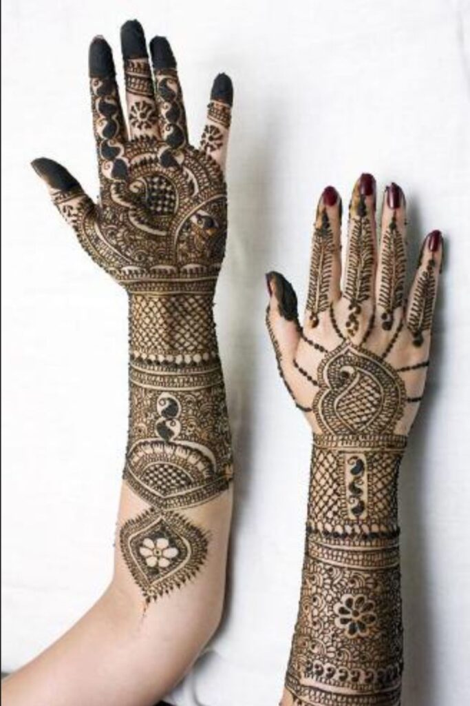 Front and back full hand Rajasthani bridal mehndi design 2025