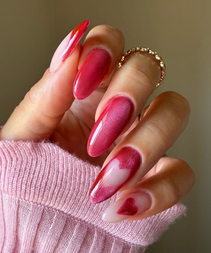 Red Valentine’s Day nails with heart design