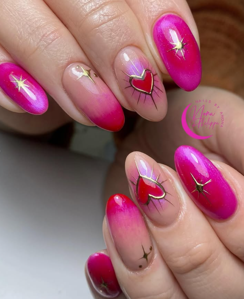 Red Celestial Valentine’s Day nails with heart design